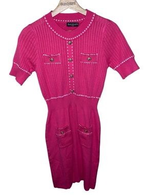 BALMAIN Paris Hot Pink White Knit Pull on Bodycon Style Dress